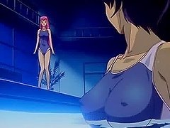 Pink-haired anime cutie gets her pussy fingered in a pool