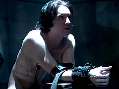 Bitch in a latex suit is going to torture and ride his dick