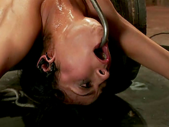 Slave babe is being arched and hooked in mouth