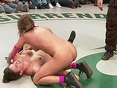 Four sexy girls in bikini fight and also fuck in a ring