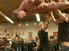 Public BDSM gay action with some faggots