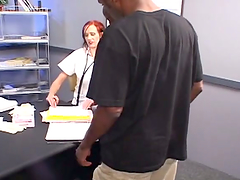 Slutty redhead nurse gets rammed and facialed by several guys