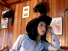 Pretty brunette Evelyn blows and gets her holes pounded from behind