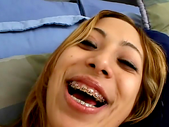 Kat shows her body and gives a great deepthroat blowjob