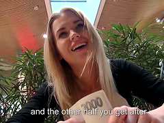 Pretty blonde in glasses sucks and rides dick for cash