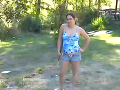 Chubby Lady Wearing Shorts Likes Playing Naked Golf Outdoors