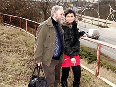 Sinful Brunette Teen Rides an Old Man's Cock In Public Places