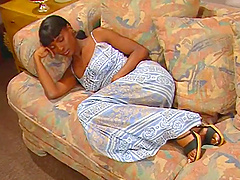 Desirable ebony brunette gets her black twat fucked by white dick
