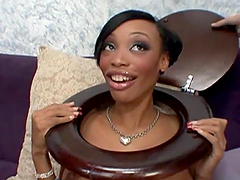 Ebony babe brushes her teeth with cum after BJ and hardcore fucking in threesome