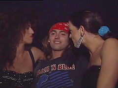 Two brunette bitches make out with a guy and share his wang