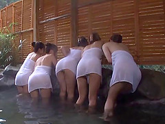 Japanese hot ass amateurs gangbanged in the outdoor fuck bath