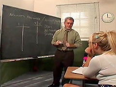 Blonde with glasses sucking an old man's cock