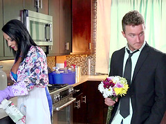 Naughty housewife serving her new friend in the kitchen