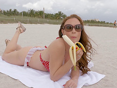 Ravishing pornstar in a bikini chokes on a huge throbbing johnson