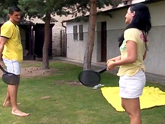 Outdoors sports quickly develops into fucking on the front lawn