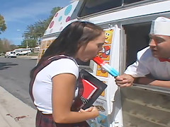 Uniform-clad teen with a skinny body licking and sucking a stranger's cock