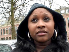 Ebony-skinned cougar with a chubby body sucking a big white cock