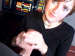 Kinky redhead with nice big tits playing with a stranger's cock