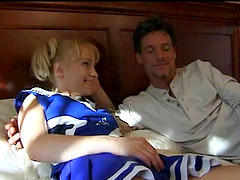 Teen cheerleader with pigtails shagged hardcore on bed in a reality shoot