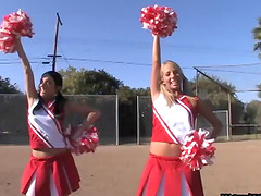 Cheerleader girls in pigtails go home with him to enjoy big dick