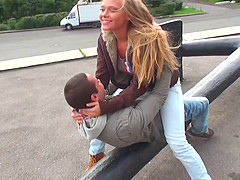 Fair haired slutty chick gets banged in a doggy pose right on the couch