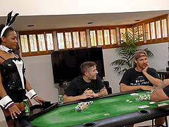 During poker night a group of white guys gangbang the hot, ebony maid