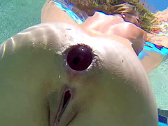 She take a big toy in her ass while swimming in the pool