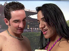 Bikini-clad transsexual whore with a big perfect ass and long hot legs blowing a stranger