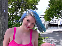 Amateur girl with green hair meets a guy then sucks and fucks him