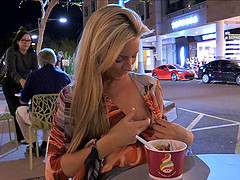 Striptease in a public bathroom from a hot blonde chick