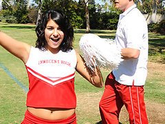 Adorable brunette cheerleader strips down and gets fucked in the locker room
