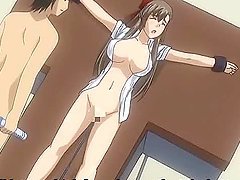 Chained hentai with a muzzle gets ass fucked and spray shits