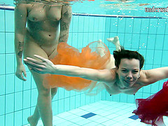 Two delicious babes fool around in the pool while being naked
