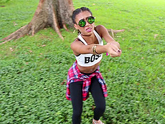 Petite ebony bitch Kendall rides on top of a massive white rod