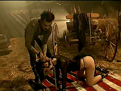 Big tits of a slave girl bouncing while pounding a big cock