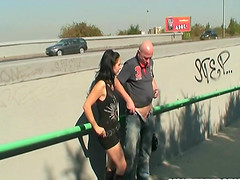 Nasty Brunette Teen Fucks Older Bald Guy in Public
