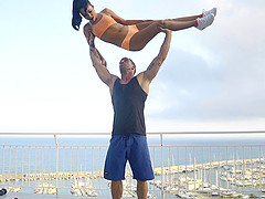 Sexy model giving her guy blowjob after working out