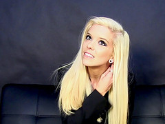 Attractive tiny blonde Halle talking ready to get completely naked