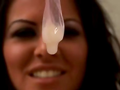 Brunette mom drink cum from condom