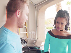 Ebony hottie Kira Noir sucks a dick in the car and fucks in her house