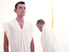 Handsome older priest fucks tall hairy boy in the temple