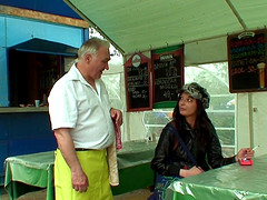 Older guy talks a young babe into fucking with him outdoors