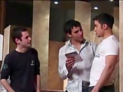 Latin gay threesome fucked in public restroom