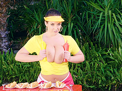 Angela White makes hot dogs and plays with her enormous tits
