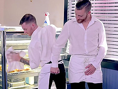 Gay waiters in a food fetish doggy fuck after work