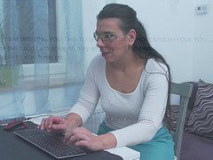 Nerdy long haired brunette babe Vianne masturbates at the office