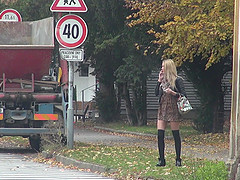 Long haired blonde MILF Karina pussy creampied in a car