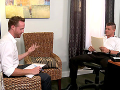 Huge cumshots at the end of a hardcore gay office fuck