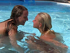 Teen blonde lesbians Nessy and Sara strip outdoors