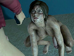Hot booty Lara Croft futa masturbates in front of another futanari who jerks her dick